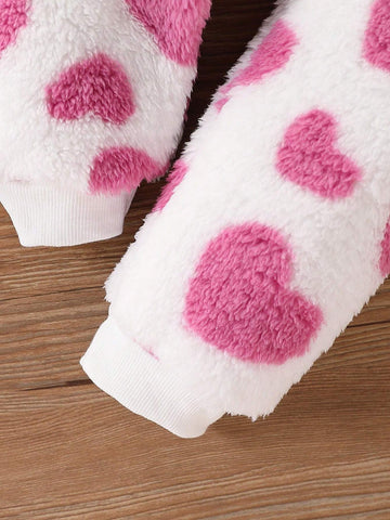 2pcs Girls' Fur Heart Pattern Casual Outfit Set, Warm Sweatshirt & Pants, Ages 4-7 Years, Autumn Winter