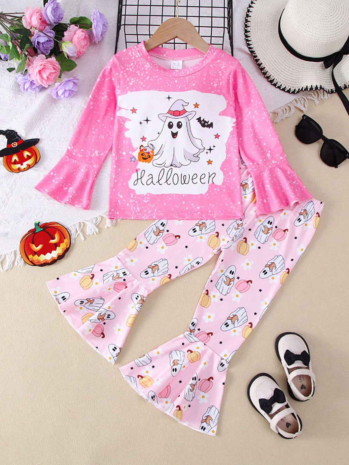 2pcs Girls Halloween Outfit - Long Sleeve Round Neck Top + Flare Leg Pumpkin Printed Pants, Autumn