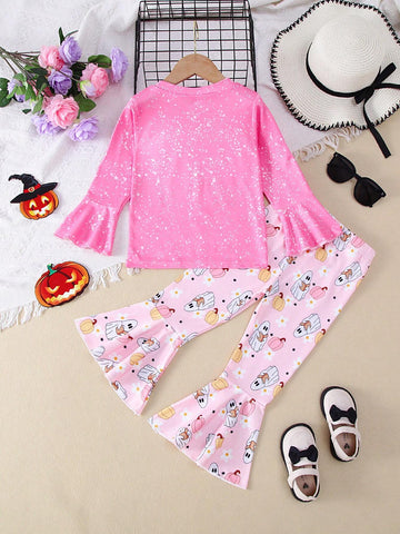 2pcs Girls Halloween Outfit - Long Sleeve Round Neck Top + Flare Leg Pumpkin Printed Pants, Autumn