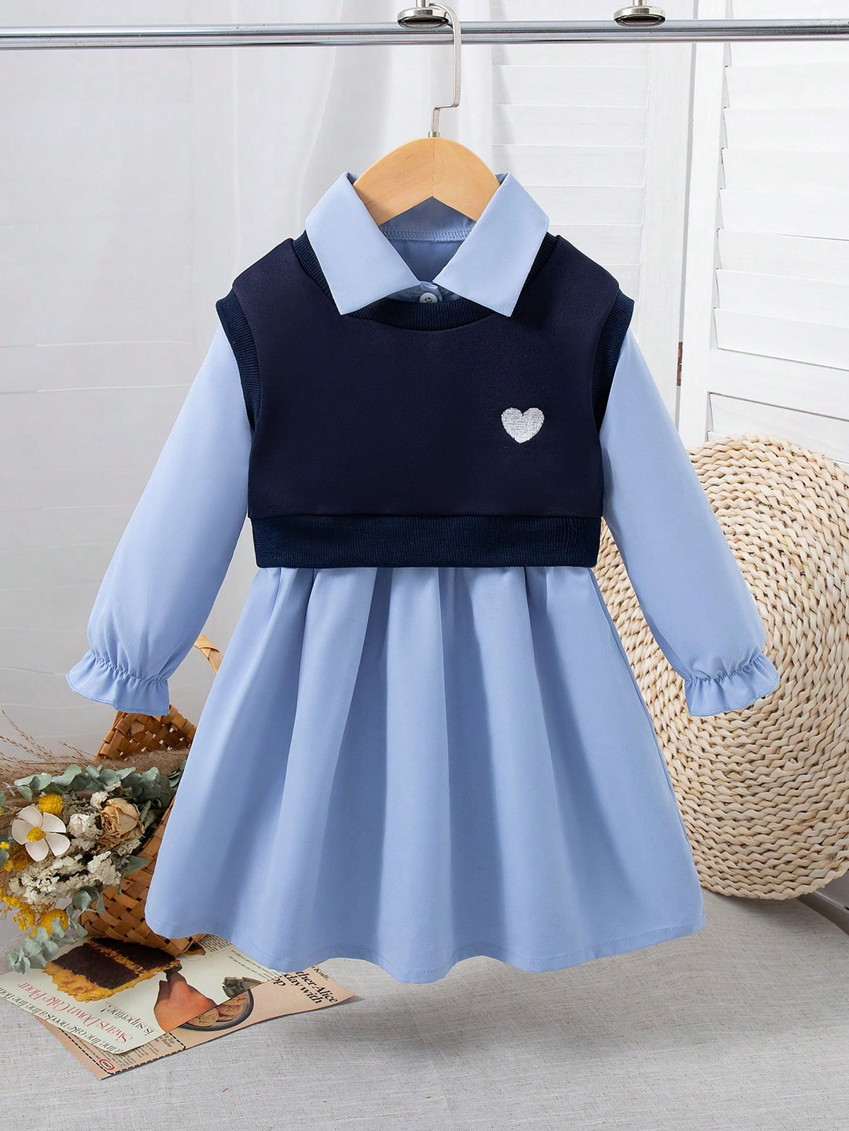2pcs Girls Heart Embroidery Sleeveless Vest + Solid Color Turndown Collar Long Sleeve Dress Set