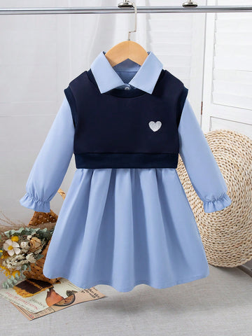 2pcs Girls Heart Embroidery Sleeveless Vest + Solid Color Turndown Collar Long Sleeve Dress Set