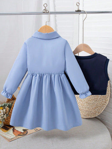 2pcs Girls Heart Embroidery Sleeveless Vest + Solid Color Turndown Collar Long Sleeve Dress Set