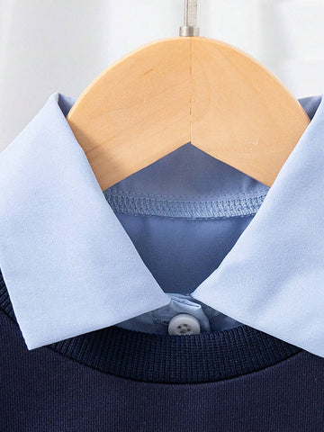 2pcs Girls Heart Embroidery Sleeveless Vest + Solid Color Turndown Collar Long Sleeve Dress Set