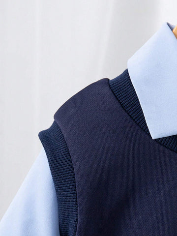 2pcs Girls Heart Embroidery Sleeveless Vest + Solid Color Turndown Collar Long Sleeve Dress Set