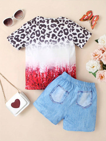 2pcs Girls' Heart Leopard Print Shiny Graphic Short Sleeve T-Shirt And Denim Shorts Set, Summer