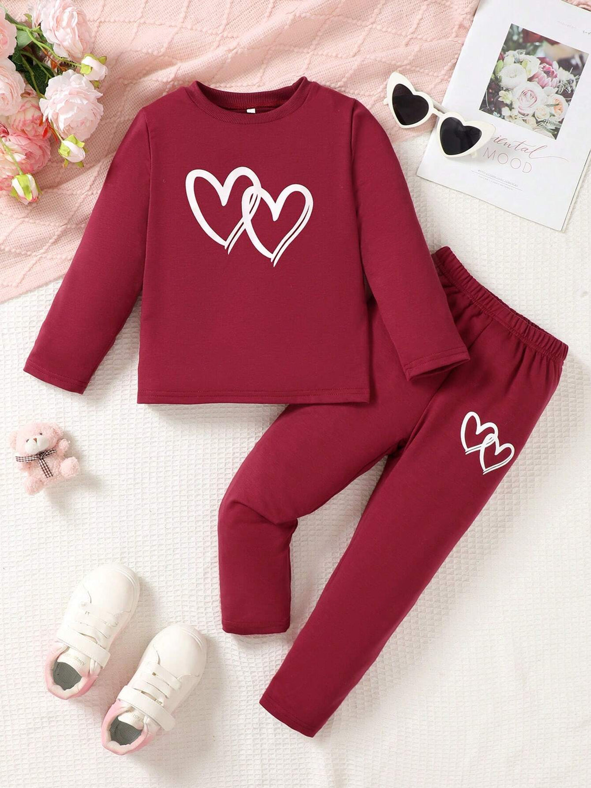 2pcs Girl's Heart Print Crew Neck Long Sleeve Top And Pants Casual Outfit, Spring Autumn