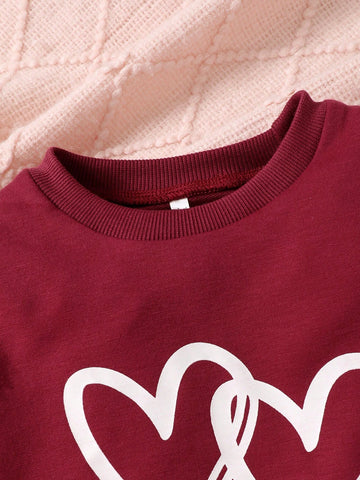 2pcs Girl's Heart Print Crew Neck Long Sleeve Top And Pants Casual Outfit, Spring Autumn