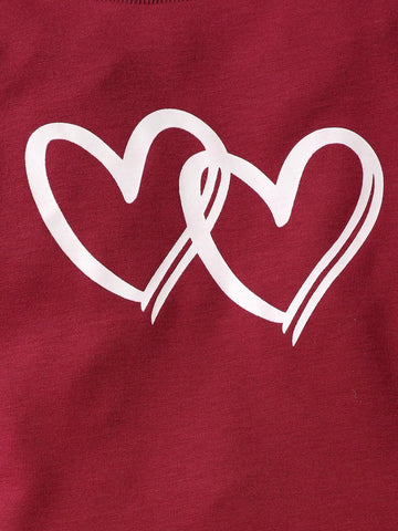 2pcs Girl's Heart Print Crew Neck Long Sleeve Top And Pants Casual Outfit, Spring Autumn