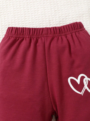 2pcs Girl's Heart Print Crew Neck Long Sleeve Top And Pants Casual Outfit, Spring Autumn