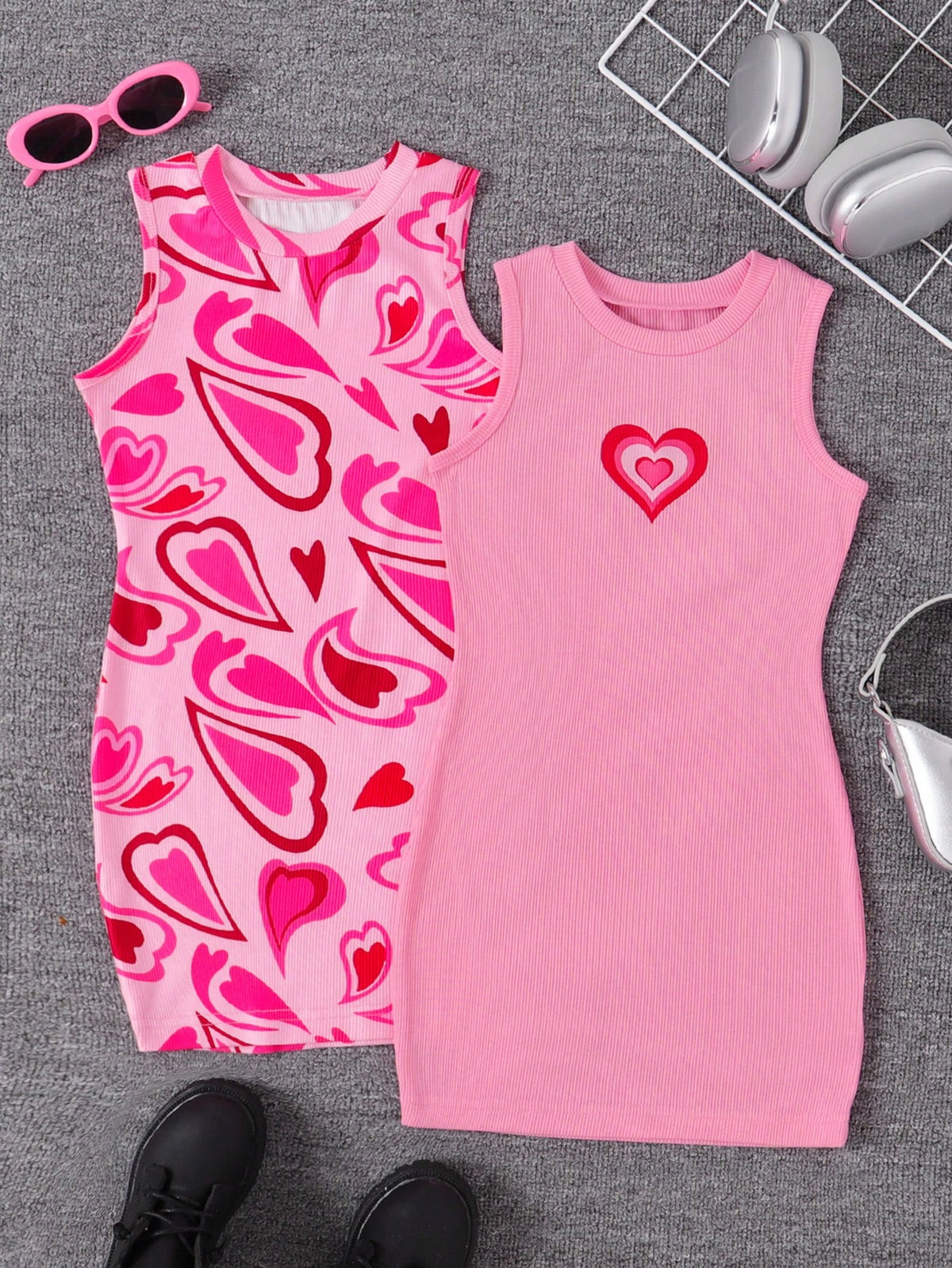 2pcs Girl's Heart Print Sleeveless Casual Ribbed Dress Set, Suitable For Outdoor Activities