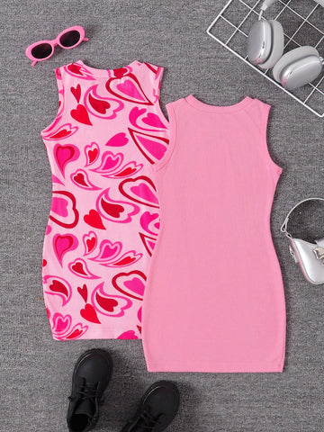 2pcs Girl's Heart Print Sleeveless Casual Ribbed Dress Set, Suitable For Outdoor Activities
