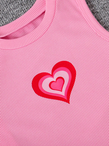 2pcs Girl's Heart Print Sleeveless Casual Ribbed Dress Set, Suitable For Outdoor Activities
