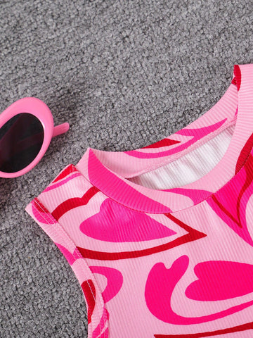 2pcs Girl's Heart Print Sleeveless Casual Ribbed Dress Set, Suitable For Outdoor Activities