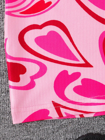 2pcs Girl's Heart Print Sleeveless Casual Ribbed Dress Set, Suitable For Outdoor Activities