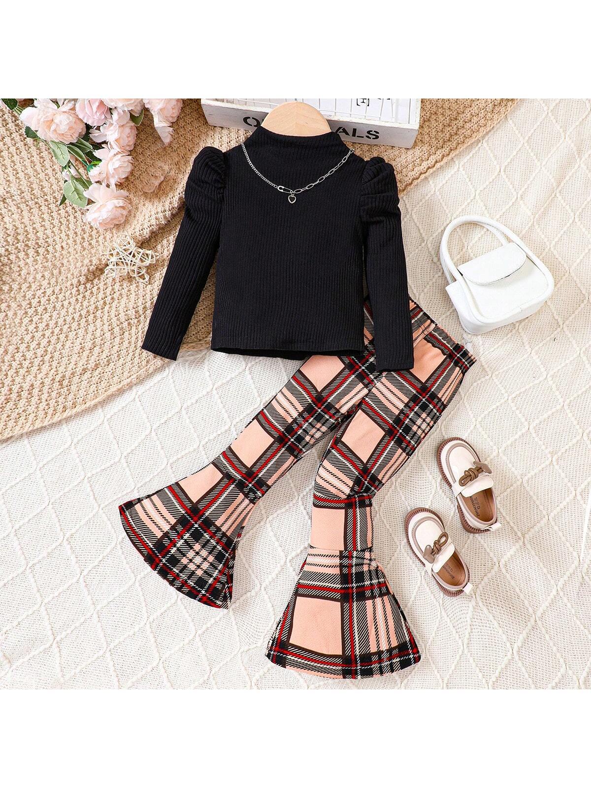 2pcs Girls' Knitted Long Sleeve Undershirt + Plaid Flared Pants Casual Set, Autumn & Winter