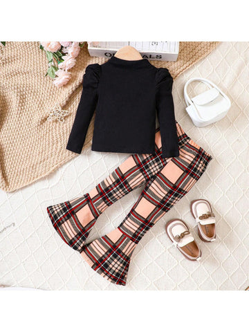 2pcs Girls' Knitted Long Sleeve Undershirt + Plaid Flared Pants Casual Set, Autumn & Winter