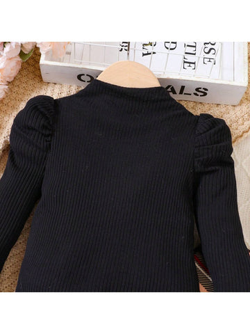 2pcs Girls' Knitted Long Sleeve Undershirt + Plaid Flared Pants Casual Set, Autumn & Winter