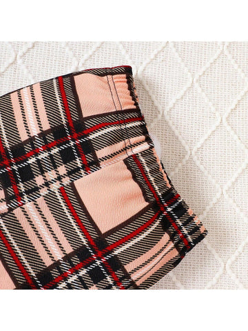 2pcs Girls' Knitted Long Sleeve Undershirt + Plaid Flared Pants Casual Set, Autumn & Winter