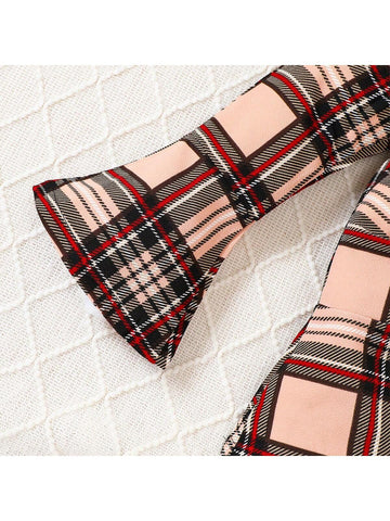 2pcs Girls' Knitted Long Sleeve Undershirt + Plaid Flared Pants Casual Set, Autumn & Winter