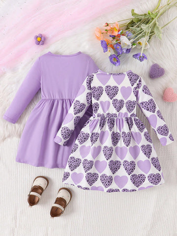 2pcs Girls Leopard Print Heart Graphic Long Sleeve Casual Dress Set
