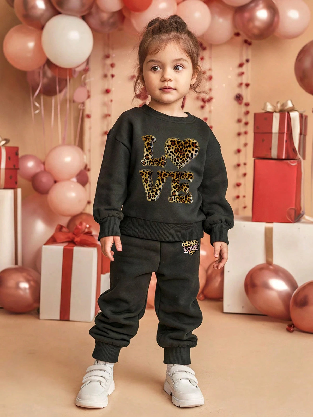 2pcs Girls Leopard Print Heart "LOVE" Casual Sweatshirt & Sweatpants Set, Non-Fleece, Suitable For Homewear & Outerwear