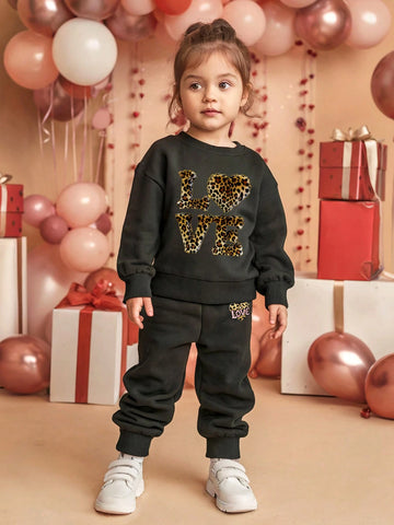 2pcs Girls Leopard Print Heart "LOVE" Casual Sweatshirt & Sweatpants Set, Non-Fleece, Suitable For Homewear & Outerwear