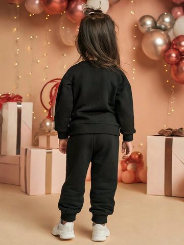 2pcs Girls Leopard Print Heart "LOVE" Casual Sweatshirt & Sweatpants Set, Non-Fleece, Suitable For Homewear & Outerwear