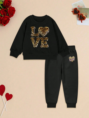 2pcs Girls Leopard Print Heart "LOVE" Casual Sweatshirt & Sweatpants Set, Non-Fleece, Suitable For Homewear & Outerwear