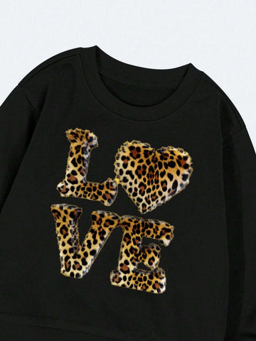 2pcs Girls Leopard Print Heart "LOVE" Casual Sweatshirt & Sweatpants Set, Non-Fleece, Suitable For Homewear & Outerwear