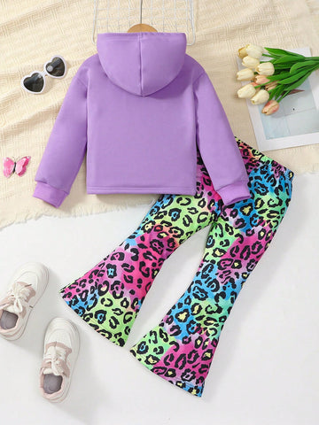 2pcs Girls Letter Print Long Sleeve Sweatshirt & Leopard Flare Pants Children Casual Outfit