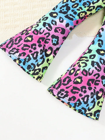 2pcs Girls Letter Print Long Sleeve Sweatshirt & Leopard Flare Pants Children Casual Outfit