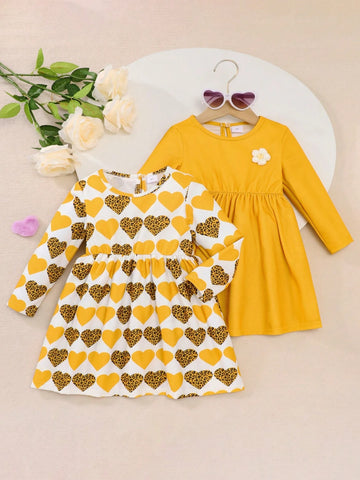 2pcs Girls Long Sleeve Heart Print Casual Long Dress, 3D Floral Decor Princess Dress For Children, Spring & Autumn