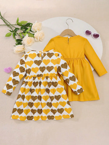 2pcs Girls Long Sleeve Heart Print Casual Long Dress, 3D Floral Decor Princess Dress For Children, Spring & Autumn