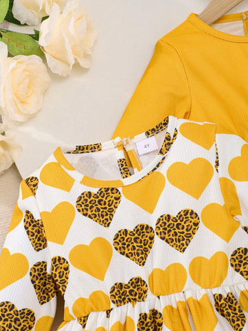 2pcs Girls Long Sleeve Heart Print Casual Long Dress, 3D Floral Decor Princess Dress For Children, Spring & Autumn