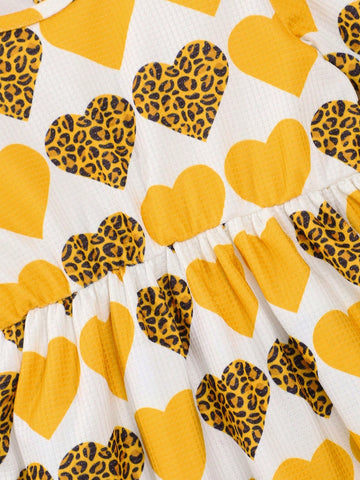 2pcs Girls Long Sleeve Heart Print Casual Long Dress, 3D Floral Decor Princess Dress For Children, Spring & Autumn