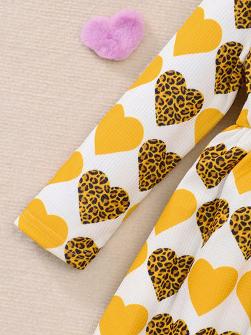 2pcs Girls Long Sleeve Heart Print Casual Long Dress, 3D Floral Decor Princess Dress For Children, Spring & Autumn