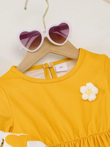 2pcs Girls Long Sleeve Heart Print Casual Long Dress, 3D Floral Decor Princess Dress For Children, Spring & Autumn