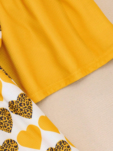 2pcs Girls Long Sleeve Heart Print Casual Long Dress, 3D Floral Decor Princess Dress For Children, Spring & Autumn