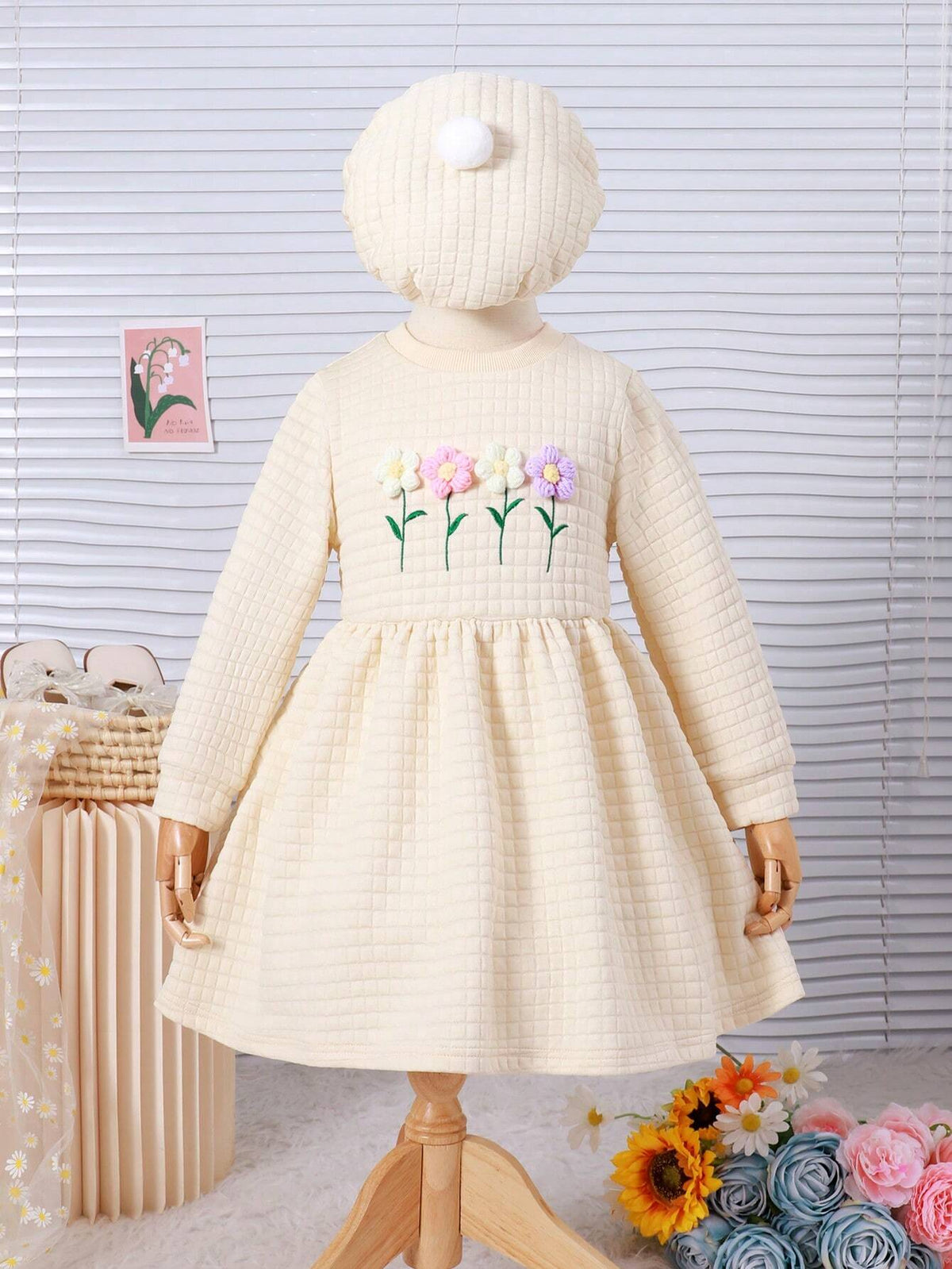 2pcs Girls Plaid Textured Crew Neck Long Sleeve Dress With Floral Decor + Hat, Casual & Cute Set