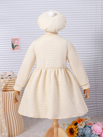 2pcs Girls Plaid Textured Crew Neck Long Sleeve Dress With Floral Decor + Hat, Casual & Cute Set