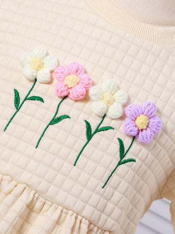 2pcs Girls Plaid Textured Crew Neck Long Sleeve Dress With Floral Decor + Hat, Casual & Cute Set