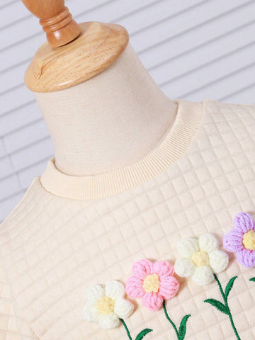 2pcs Girls Plaid Textured Crew Neck Long Sleeve Dress With Floral Decor + Hat, Casual & Cute Set