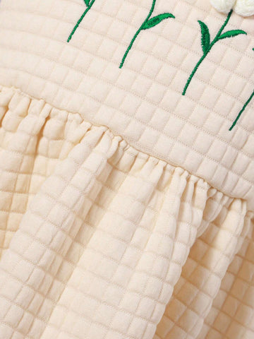 2pcs Girls Plaid Textured Crew Neck Long Sleeve Dress With Floral Decor + Hat, Casual & Cute Set