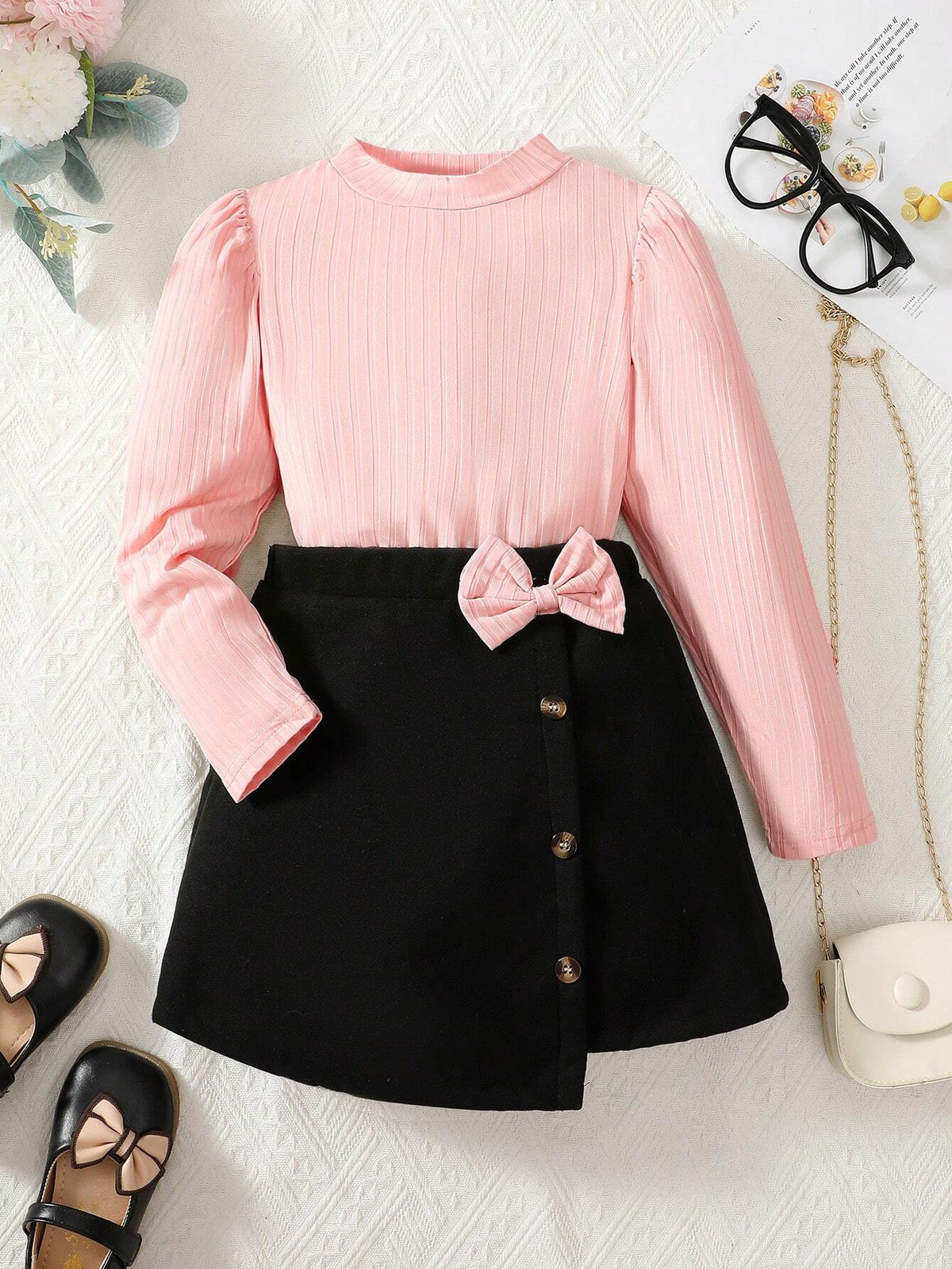 2pcs Girls Puff Sleeve Top And Bow Decor Woolen Skirt Set, Fashion Outfit For Autumn/Winter