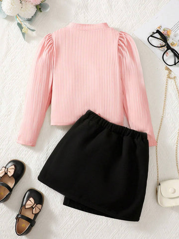 2pcs Girls Puff Sleeve Top And Bow Decor Woolen Skirt Set, Fashion Outfit For Autumn/Winter