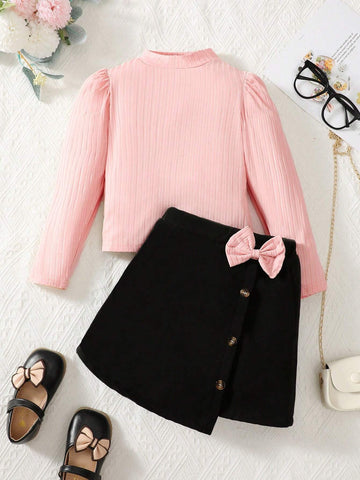 2pcs Girls Puff Sleeve Top And Bow Decor Woolen Skirt Set, Fashion Outfit For Autumn/Winter