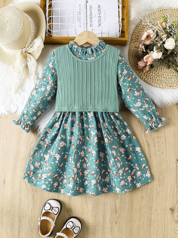 2pcs Girls Retro Ditsy Floral Corduroy High Neck Long Sleeve Ruffle Hem Dress & Textured Knit Camisole Set