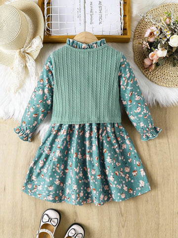2pcs Girls Retro Ditsy Floral Corduroy High Neck Long Sleeve Ruffle Hem Dress & Textured Knit Camisole Set