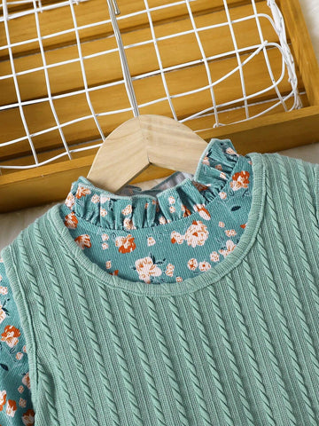 2pcs Girls Retro Ditsy Floral Corduroy High Neck Long Sleeve Ruffle Hem Dress & Textured Knit Camisole Set