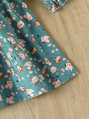 2pcs Girls Retro Ditsy Floral Corduroy High Neck Long Sleeve Ruffle Hem Dress & Textured Knit Camisole Set